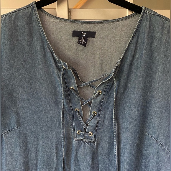S Gap Denim Shift Dress with V Neck String Detail - Lightly Worn - Picture 2 of 3